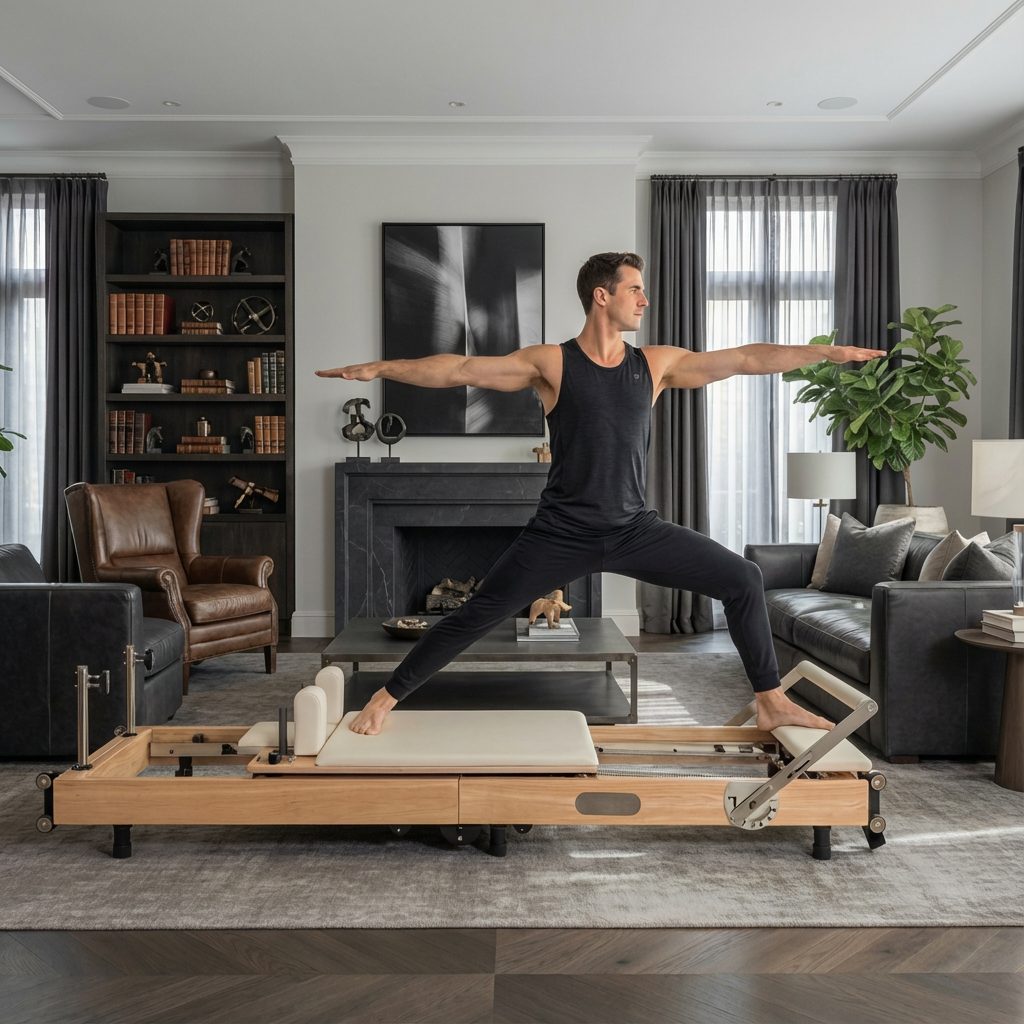 Man training on the Seren Studio Reformer at home