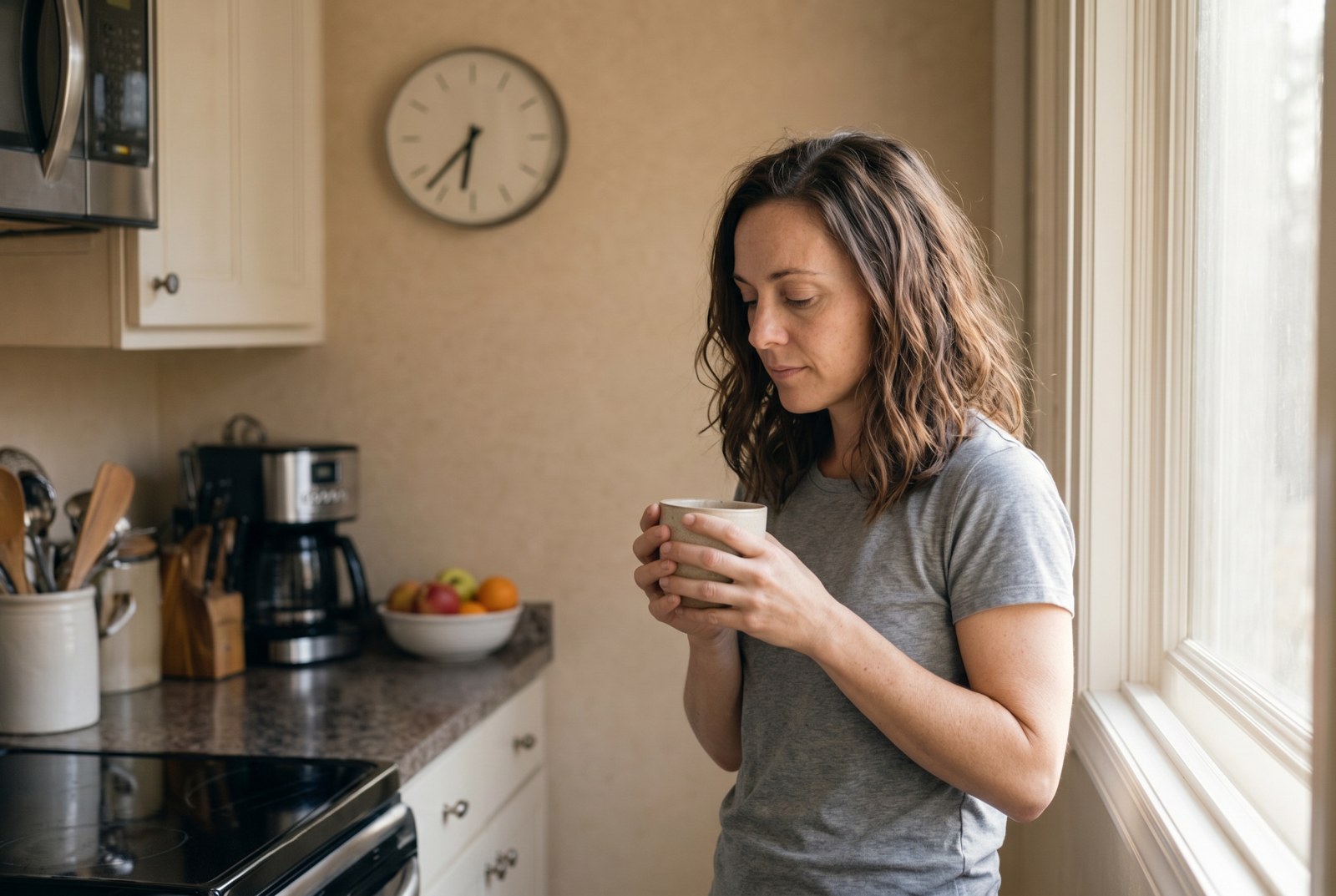 Megan with her morning coffee by the kitchen window